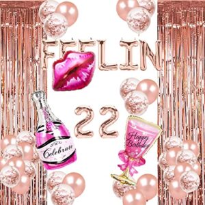 funny 22 balloons rose gold 22nd bday party decorations sweet 22/hello 22/cheers to 22/22 & fabulous/22nd anniversary/red kissy lips/champagne bottle theme 22nd birthday party supplies