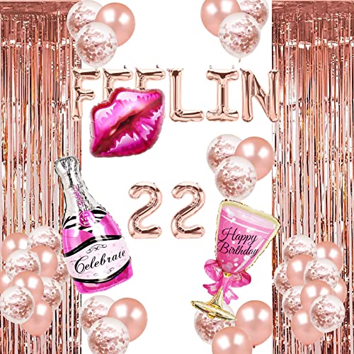 Funny 22 Balloons Rose Gold 22nd BDAY Party Decorations Sweet 22/Hello 22/Cheers to 22/22 & Fabulous/22nd Anniversary/Red Kissy Lips/Champagne Bottle Theme 22nd Birthday Party Supplies