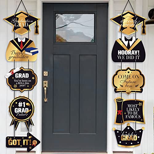 Graduation Banner 2023, Black and Gold - Graduation Porch Sign | Hanging Graduation Door Banner, Class of 2023 Graduation Decorations for Outdoor | Black and Gold Graduation Party Decorations 2023