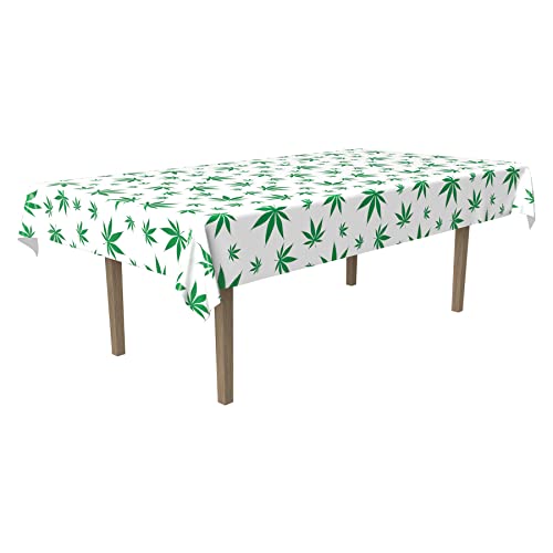 Beistle Tropical Fern Leaf Tablecover, 54" x 108", White/Green