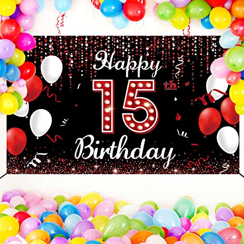 15th Birthday Backdrop Banner, Happy 15th Birthday Decorations for Girls, Red Black 15 Year Old Birthday Party Photo Booth Props, XV Birthday Yard Sign Decor for Outdoor Indoor, Fabric Vicycaty