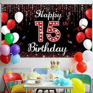 15th Birthday Backdrop Banner, Happy 15th Birthday Decorations for Girls, Red Black 15 Year Old Birthday Party Photo Booth Props, XV Birthday Yard Sign Decor for Outdoor Indoor, Fabric Vicycaty