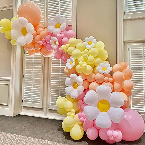 DUBEDAT Daisy Balloon Garland Arch Kit 163Pcs White Daisy Flower Macaron Pink Yellow Orange Balloons Garland for Baby Shower Birthday Wedding Groovy Flower Party Decoration