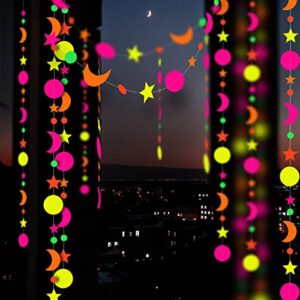 90ft Neon Fluorescent Party Hanging Decoration Glow in The Dark Party Supplies Garlands Stars Moon Dot Garland for Birthday Wedding Neon Party Background Decoration Supplies