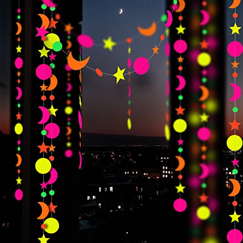 90ft Neon Fluorescent Party Hanging Decoration Glow in The Dark Party Supplies Garlands Stars Moon Dot Garland for Birthday Wedding Neon Party Background Decoration Supplies