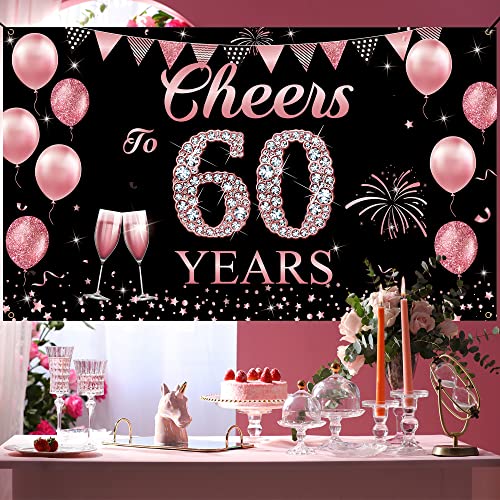 Happy 60th Birthday Decorations for Women, Cheers to 60 Years Backdrop Banner, Rose Gold 60 Birthday Party Yard Sign Poster Supplies, 60th Anniversary Decorations for Outdoor Indoor, Vicycaty