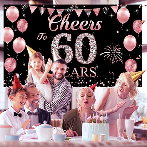 Happy 60th Birthday Decorations for Women, Cheers to 60 Years Backdrop Banner, Rose Gold 60 Birthday Party Yard Sign Poster Supplies, 60th Anniversary Decorations for Outdoor Indoor, Vicycaty