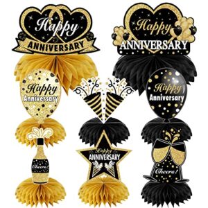 8pcs happy wedding anniversary decorations table honeycomb centerpieces, anniversary theme party supplies for adult, black gold 10th 20th 30th 40th 50th 60th anniversary table sign decor