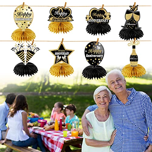 8Pcs Happy Wedding Anniversary Decorations Table Honeycomb Centerpieces, Anniversary Theme Party Supplies for Adult, Black Gold 10th 20th 30th 40th 50th 60th Anniversary Table Sign Decor