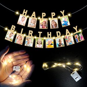 happy birthday photo banner, golden birthday banner for kids and adults , 39.4 foot copper wire lamp birthday banner string birthday party decoration for boys and girls birthday party occasion birthday banner photo frames