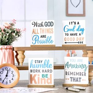 4 Pieces Inspirational Quotes Desk Decor Wood Block Plaque Positive Wooden Table Signs Decorative Wood Table Sign Centerpiece for Women Desk Office Decor Party Table Accessories(Stylish Style)