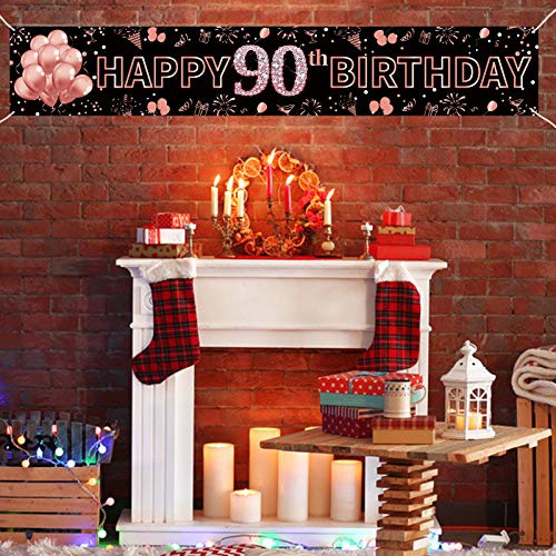 Pimvimcim 90th Birthday Banner Decorations for Women, Large Happy 90 Years Old Birthday Supplies, 90 Years Old Birthday Photo Booth Sign Backdrop(Rose Gold, 9.8x1.6ft)