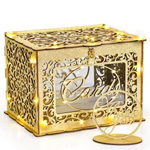 gold wedding card box with lock and led fairy lights, wooden gift card box money box holder for wedding reception, graduation party, bridal shower, keepsake party favor, cosmetic home decor