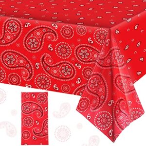 Western Party Tablecloth Paisley Table Cover Bandana Plastic Table Cloth Rectangle Floral Tablecloth for Western Cowboy Themed Party Decorations, 108 X 54 Inches (Red, 1 Pack)