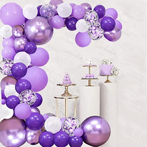 Purple Balloon Arch Garland Kit, Purple White Confetti Balloons Arch Garland For Festival Picnic Family Engagement, Wedding, Birthday Party, Gold Theme Anniversary Celebration Decoration