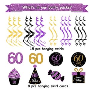 60th Birthday Decorations for Women Purple Black Gold 60 Birthday Party Decor – Foil Hanging Swirls/Women 60th Birthday Party Decorations