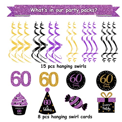 60th Birthday Decorations for Women Purple Black Gold 60 Birthday Party Decor – Foil Hanging Swirls/Women 60th Birthday Party Decorations