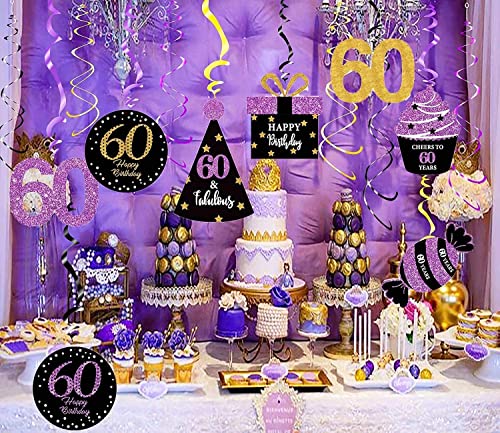 60th Birthday Decorations for Women Purple Black Gold 60 Birthday Party Decor – Foil Hanging Swirls/Women 60th Birthday Party Decorations