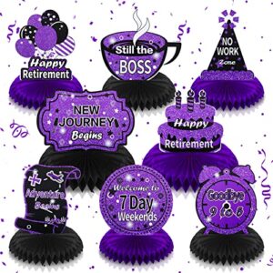 8pcs purple retirement decorations purple and black retirement table honeycomb centerpieces for table decor happy retirement table topper for women men office farewell photo booth props party supplies