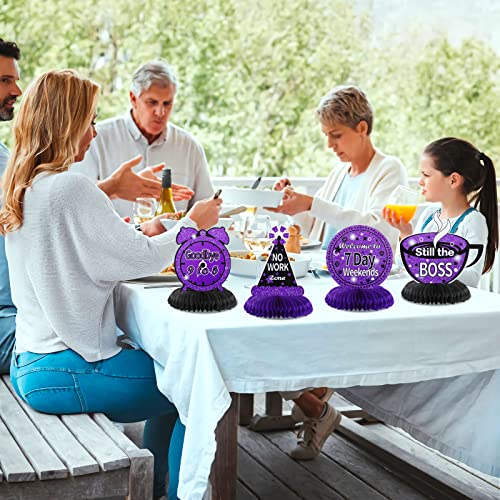 8Pcs Purple Retirement Decorations Purple and Black Retirement Table Honeycomb Centerpieces for Table Decor Happy Retirement Table Topper for Women Men Office Farewell Photo Booth Props Party Supplies