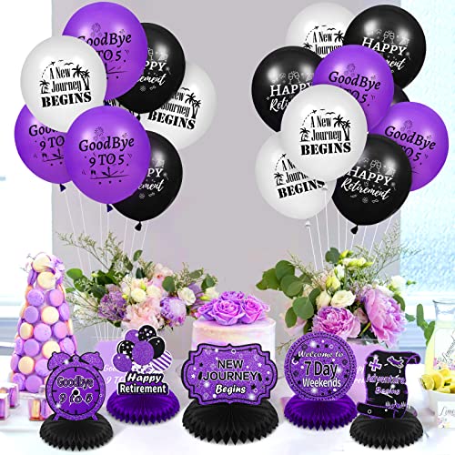 8Pcs Purple Retirement Decorations Purple and Black Retirement Table Honeycomb Centerpieces for Table Decor Happy Retirement Table Topper for Women Men Office Farewell Photo Booth Props Party Supplies