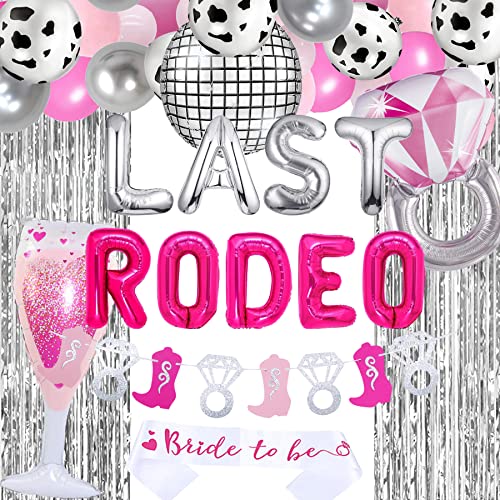 Nashville Cowgirl Last Rodeo Bachelorette Party Bridal Shower Backdrop Decorations,Hot Pink Last Hoedown Garland,Fushia Western Wedding Balloons Arch, Last Ride Let's Go Girl Disco Silver Foil Curtain