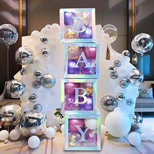 termichy baby shower boxes party decorations, 4 pcs baby shower blocks transparent with letter for girls boys birthday neutral gender reveal party, silver