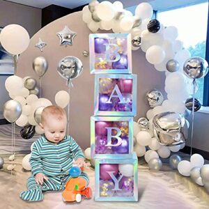 Termichy Baby Shower Boxes Party Decorations, 4 PCS Baby Shower Blocks Transparent with Letter for Girls Boys Birthday Neutral Gender Reveal Party, Silver