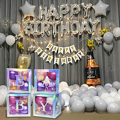 Termichy Baby Shower Boxes Party Decorations, 4 PCS Baby Shower Blocks Transparent with Letter for Girls Boys Birthday Neutral Gender Reveal Party, Silver