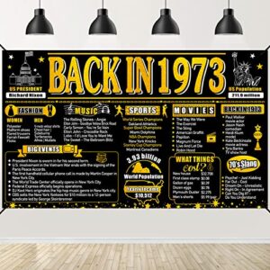large 50th birthday decorations back in 1973 banner backdrop for men women, black gold happy 50 birthday sign party supplies, fifty birthday poster photo booth props background decor