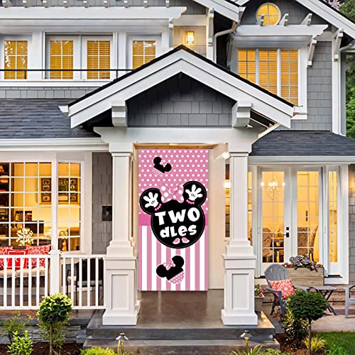 Twodles Cartoon Pink Black Mouse Dots Happy 2nd Birthday Banner Backdrop Background Backdrop Oh Twodles Theme Decor for Boy Girl Princess Birthday Party Baby Shower Supplies Favors Decorations