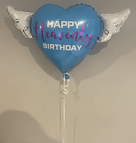 Happy Heavenly Birthday blue/purple heart shaped balloon with angel wings