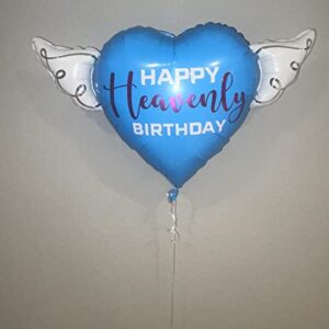 Happy Heavenly Birthday blue/purple heart shaped balloon with angel wings