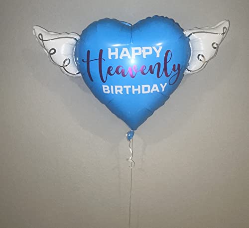 Happy Heavenly Birthday blue/purple heart shaped balloon with angel wings