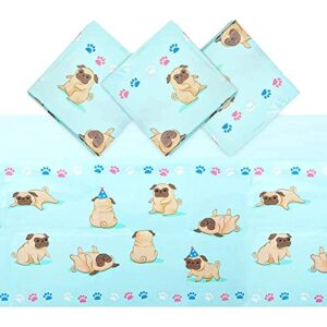 pug tablecloth for dog birthday party (blue, 54 x 108 inches, 3 pack)