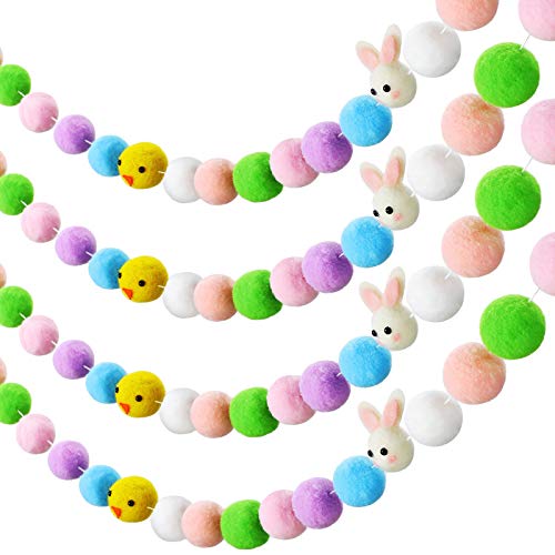 2 Pieces Easter Felt Rabbit Pom Pom Garlands Bunny Chicken Ball Banner Colorful Pom Pom Hanging Garland Banner for Easter Party Home Decorations