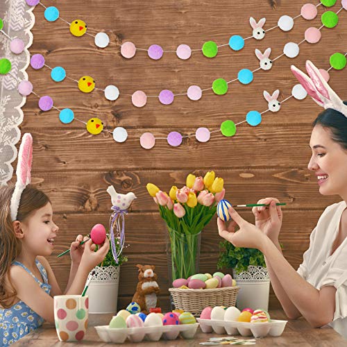 2 Pieces Easter Felt Rabbit Pom Pom Garlands Bunny Chicken Ball Banner Colorful Pom Pom Hanging Garland Banner for Easter Party Home Decorations