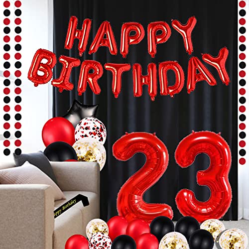 Red 23RD Birthday Party Decorations Supplies Red theme 16inch Red Foil Happy Birthday Balloons Banner Happy Birthday sash Foil Black Curtains Foil Balloons Number Red 23 Risehy