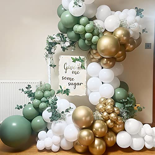 YSF Sage Green Balloon Garland Arch Kit 137pcs with Matte White Balloons and Chrome Gold Balloons for Wedding Birthday Party Baby Shower Party Background Decoration