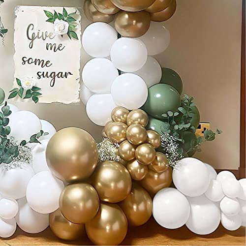 YSF Sage Green Balloon Garland Arch Kit 137pcs with Matte White Balloons and Chrome Gold Balloons for Wedding Birthday Party Baby Shower Party Background Decoration