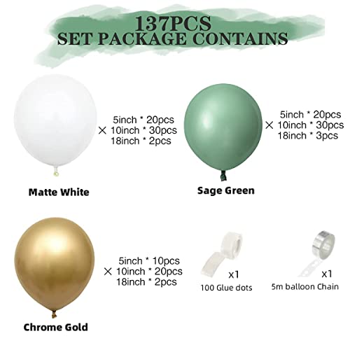 YSF Sage Green Balloon Garland Arch Kit 137pcs with Matte White Balloons and Chrome Gold Balloons for Wedding Birthday Party Baby Shower Party Background Decoration