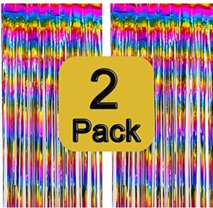 2 pack 3.3 ft x 6.6 ft metallic tinsel foil fringe curtains backdrop rainbow tinsel curtains photo backdrop wall decoration for christmas graduation birthday party(multicolor-1)