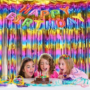 2 Pack 3.3 ft x 6.6 ft Metallic Tinsel Foil Fringe Curtains Backdrop Rainbow Tinsel Curtains Photo Backdrop Wall Decoration for Christmas Graduation Birthday Party(Multicolor-1)