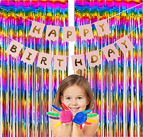 2 Pack 3.3 ft x 6.6 ft Metallic Tinsel Foil Fringe Curtains Backdrop Rainbow Tinsel Curtains Photo Backdrop Wall Decoration for Christmas Graduation Birthday Party(Multicolor-1)