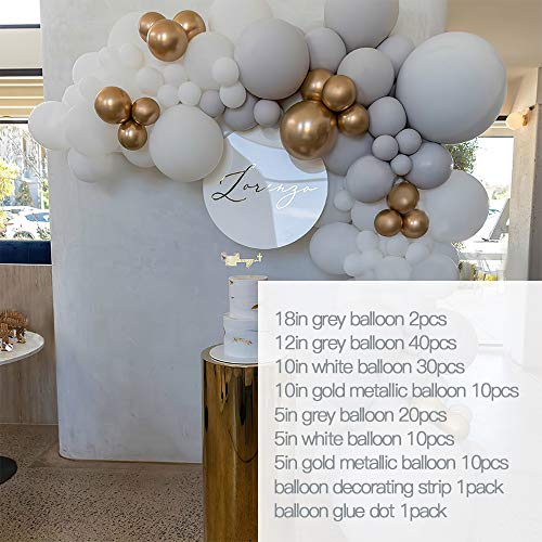 White Gray Balloon Arch Garland Kit with Metallic Gold Balloons 124 Pack, 18"12"10"5" Premium Latex Balloon Garland Set for Birthday Party Decoration Baby Shower Wedding Bachelorette Party Backdrop