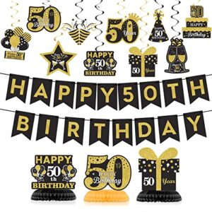 50th Glitter Black Gold Birthday Banner Party Decorations, Happy 50th Birthday Decorations Hanging Swirls Banner Honeycomb Centerpieces for Men Women Happy 50 Years Old Bday Party