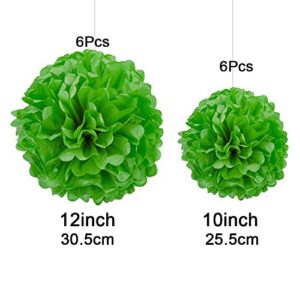 Dark Green Tissue Hanging Paper Pom Poms,Light Green Pom Poms Flower Ball Wedding Birthday Party Decoration （6Pcs 12in Pom Pom & 6Pcs 10in Pom Pom）