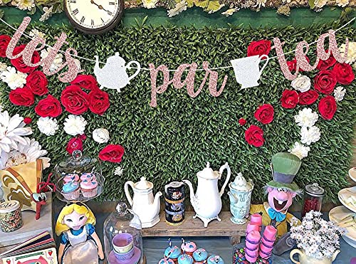 Let's Par Tea Rose Gold Glitter Banner Sign Garland With Teapot Teacups Pre-strung for Tea Party Decorations