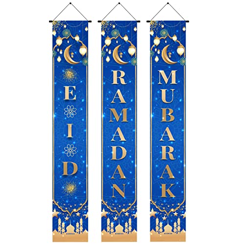 Eid Mubarak Porch Sign Banner Ramadan Mubarak Hanging Decoration, Eid Mubarak Banner Front Door Hanging Sign Indoor/Outdoor Decorations