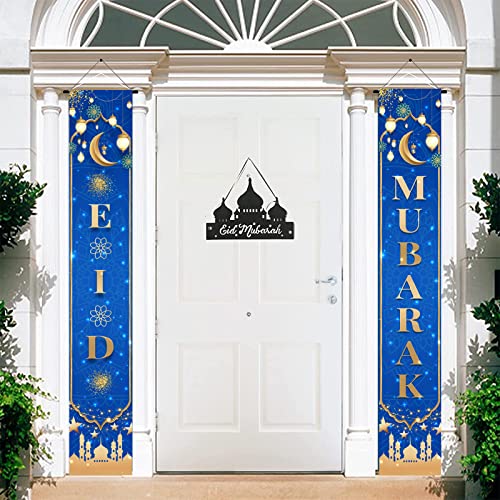 Eid Mubarak Porch Sign Banner Ramadan Mubarak Hanging Decoration, Eid Mubarak Banner Front Door Hanging Sign Indoor/Outdoor Decorations